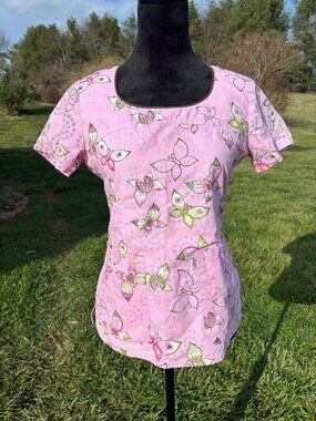 Skechers Medical Scrubs XS Pink Butterfly Print Short Sleeve Top Cinch Waist